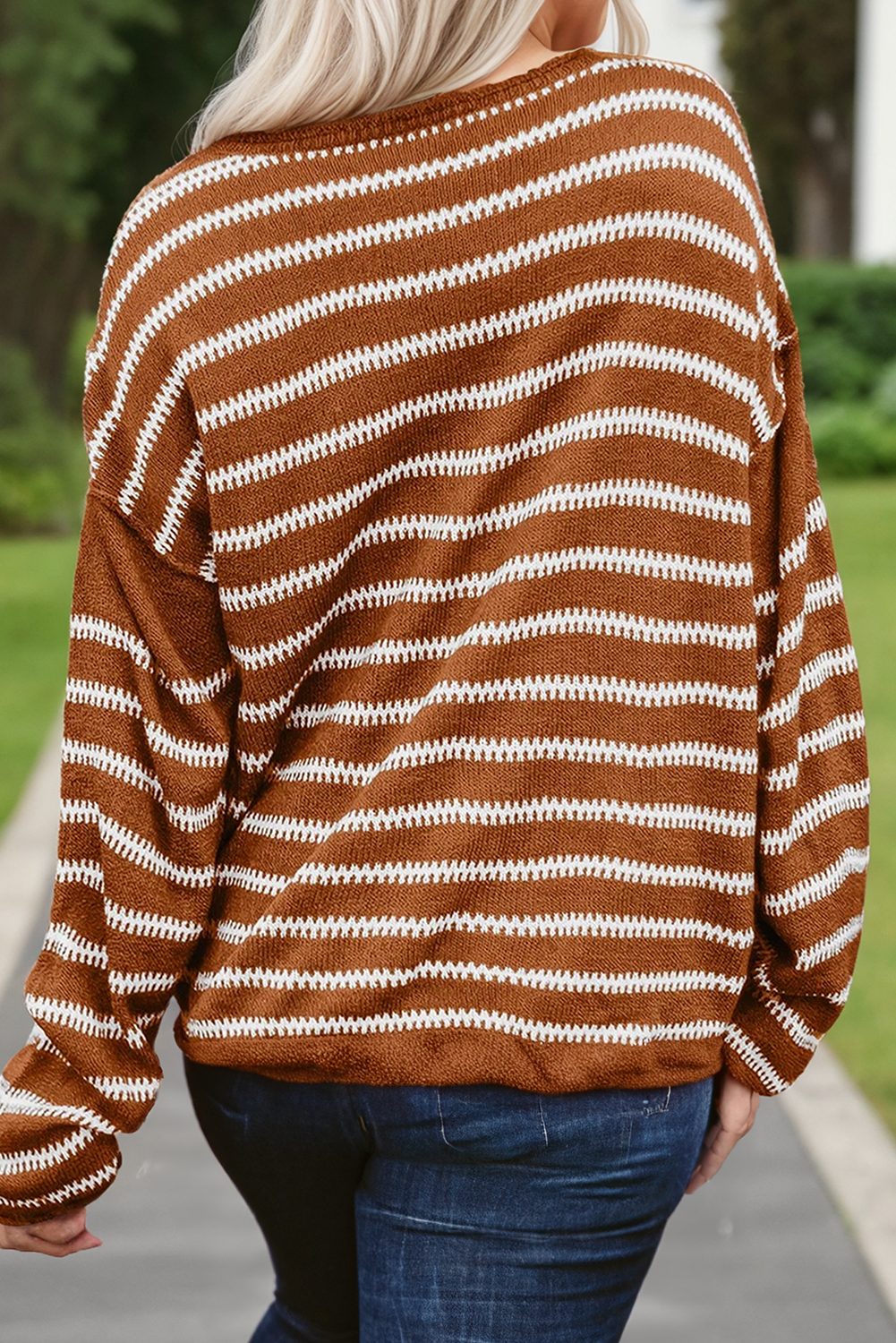 Stripe Printed Drop Shoulder Long Sleeve Sweater