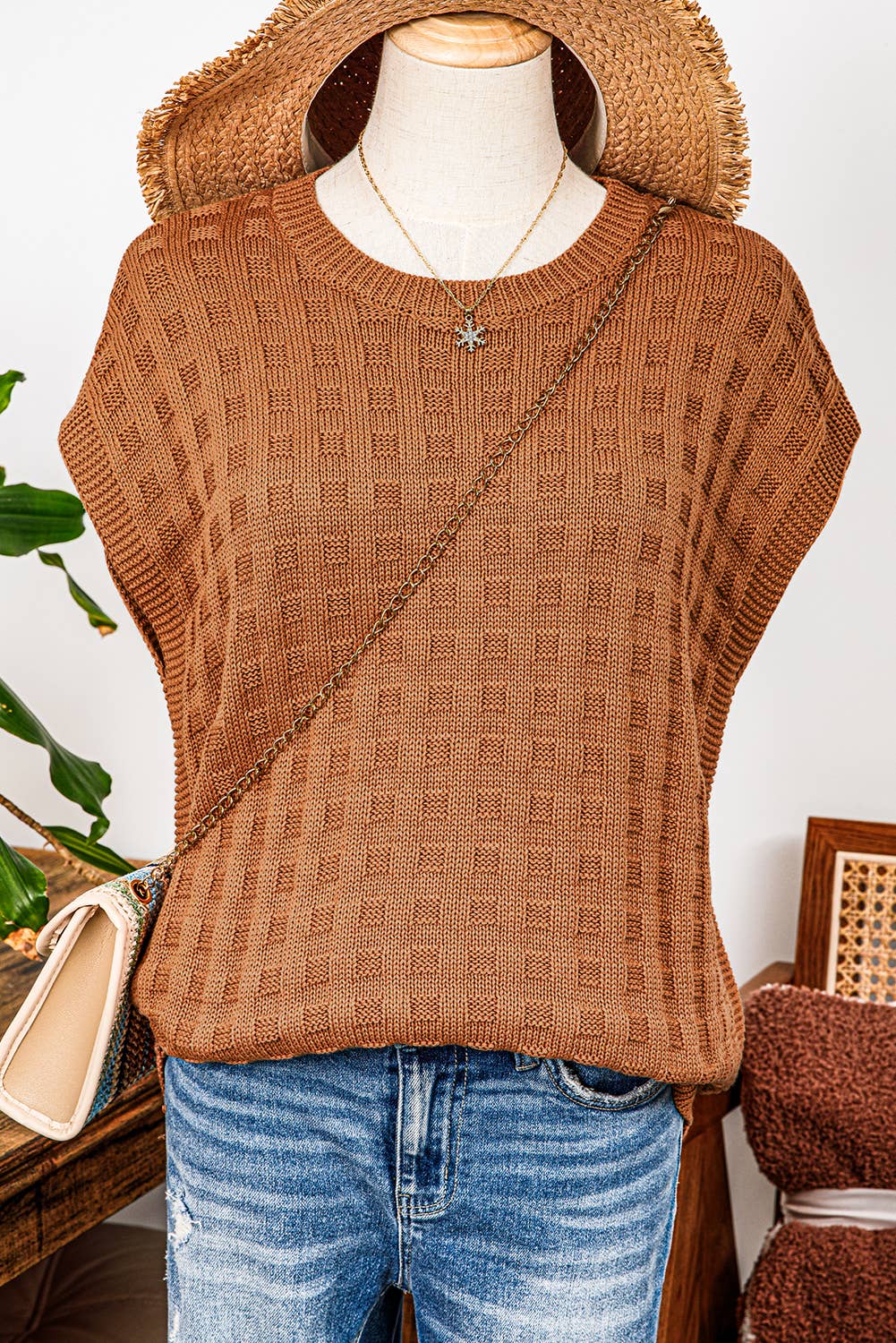 Round Neck Textured Knit Sweater Vest