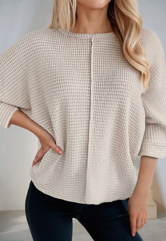 Waffle Knit Batwing Sleeve Oversized Top